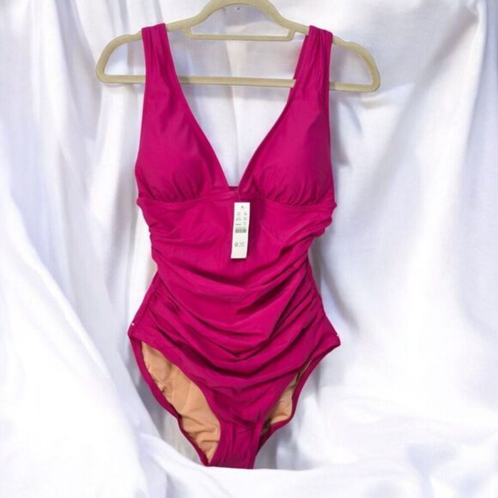 J. Crew Swimsuit Women's 12 Radiant Fuchsia V-Neck Ruched One Piece Lined NWT